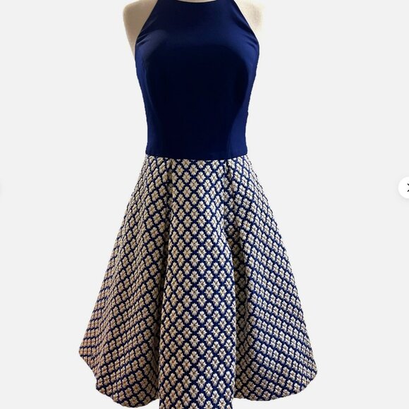 Phoebe Navy & Gold Fit & Flare Dress | Size 4 - Picture 2 of 11